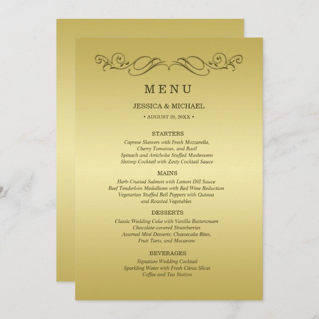 Menu Casamento Dourado de luxo elegante (Frente/Verso)