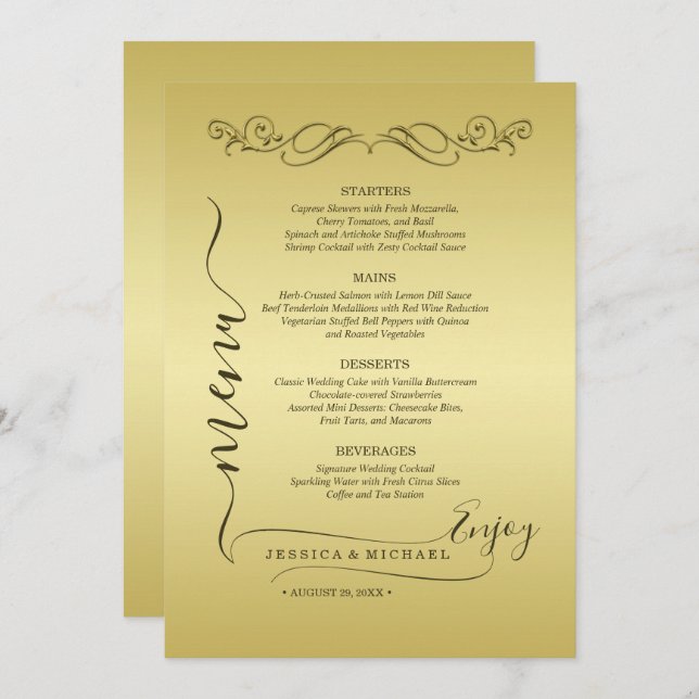 Menu Casamento Dourado de luxo elegante (Frente/Verso)