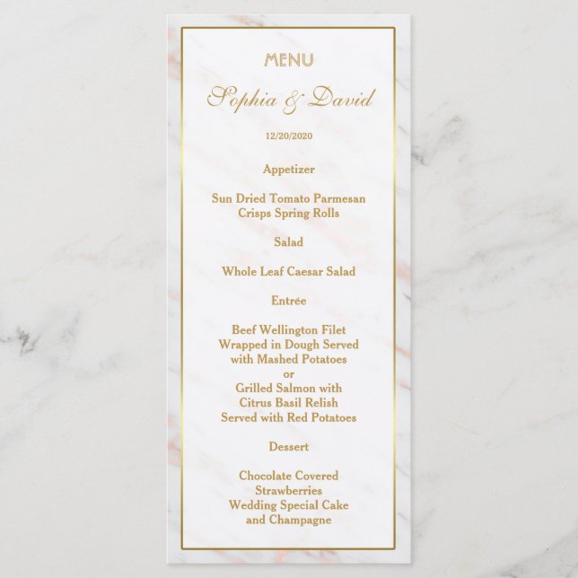 Menu Casamento Dourado de Marble com Rosa de Diamante E (Frente)