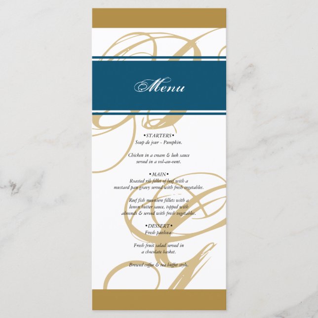 Menu Casamento Dourado de Monograma de Script Elegante  (Frente)