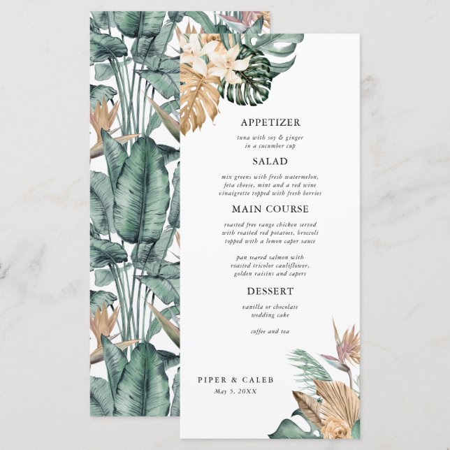 Menu Casamento Dourado de Pampas Tropicais (Frente/Verso)