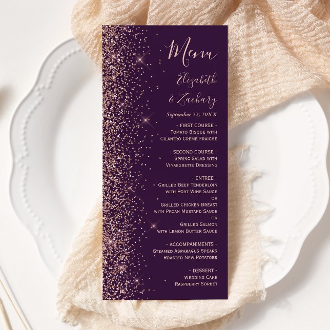 Menu Casamento Dourado de Rosa de Roxo Escuro Moderno (Criador carregado)