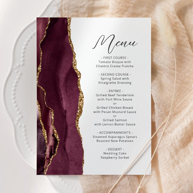 Menu Casamento Dourado de Script Agate Burgundy (Criador carregado)