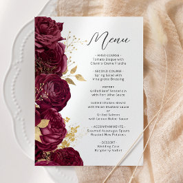 Menu Casamento Dourado de Script Floral Burgundy