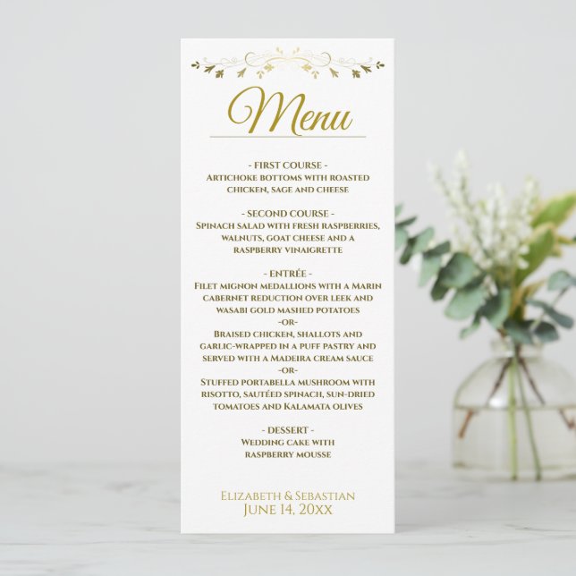 Menu Casamento Dourado e branco de filigres de legado s (Em pé/Frente)
