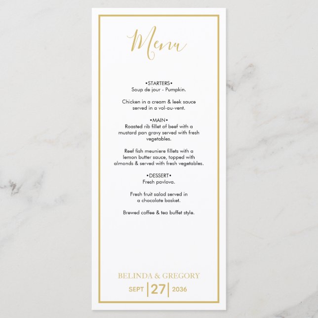 Menu Casamento Dourado e branco minimalista (Frente)