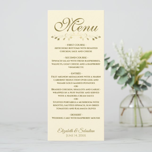 Menu Casamento Dourado e creme de Lacy Filigree simples (Em pé/Frente)