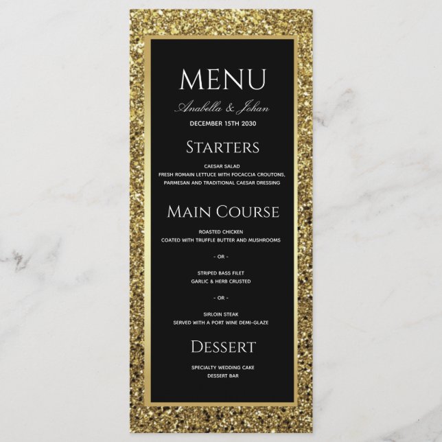 Menu Casamento Dourado e Negro de luxo (Frente)