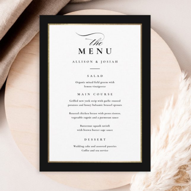 Menu Casamento Dourado e negro legante (Elegant black and white with gold frame wedding menu.)