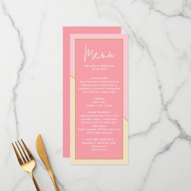 Menu Casamento Dourado e Script de Pastel Chic Moderno (Frente/Verso In Situ)