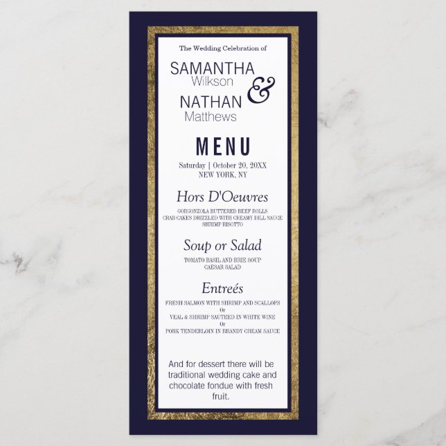 Menu Casamento Dourado e simples de Marinho azul (Frente)