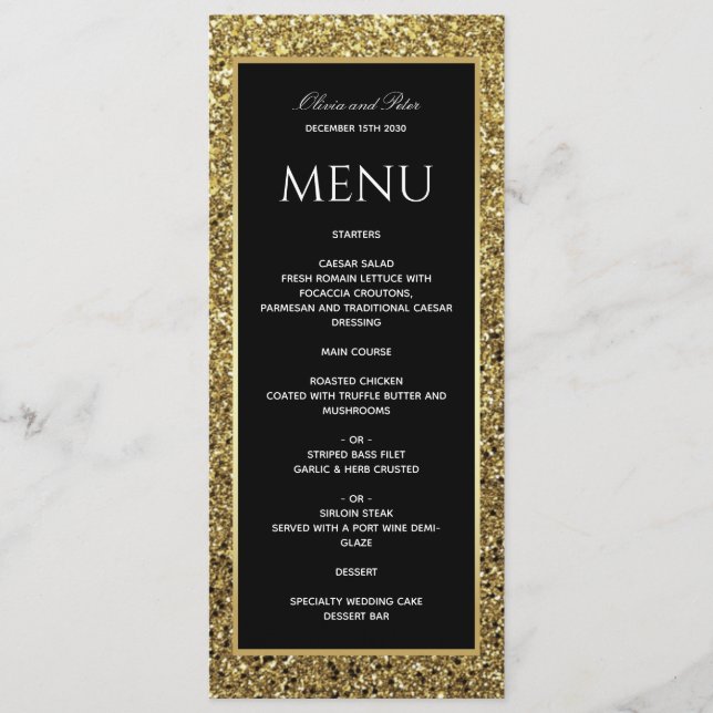 Menu Casamento Dourado Elegante de Preto e Branco (Frente)
