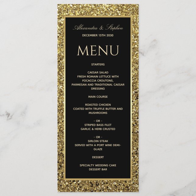 Menu Casamento Dourado Elegante de Preto e Brilho (Frente)