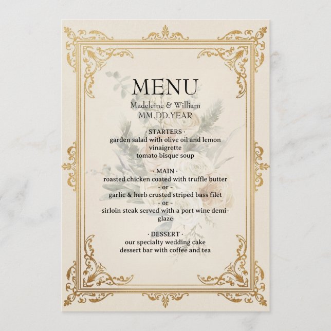 Menu Casamento Dourado Elegante Formal de Luxury (Frente)