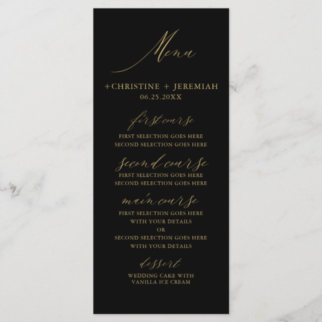 Menu Casamento Dourado Elegante Negra Moderno (Frente)