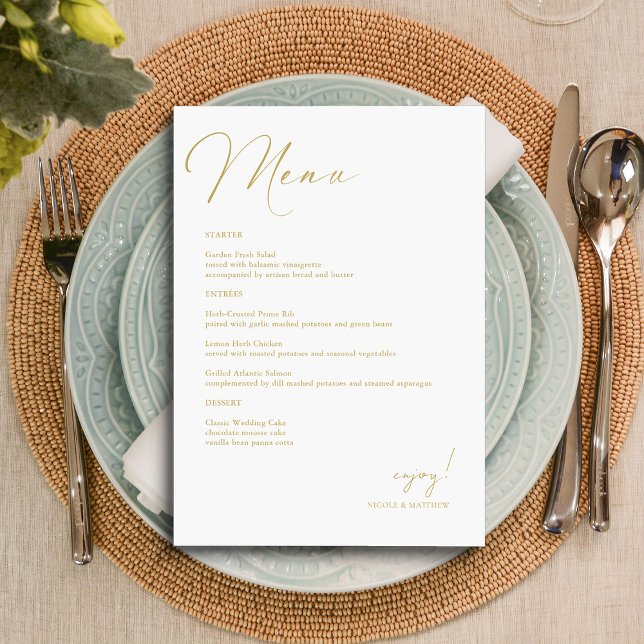 Menu Casamento Dourado Elegante Personalizado (Personalized Elegant Gold Hand Lettered Wedding Menu)