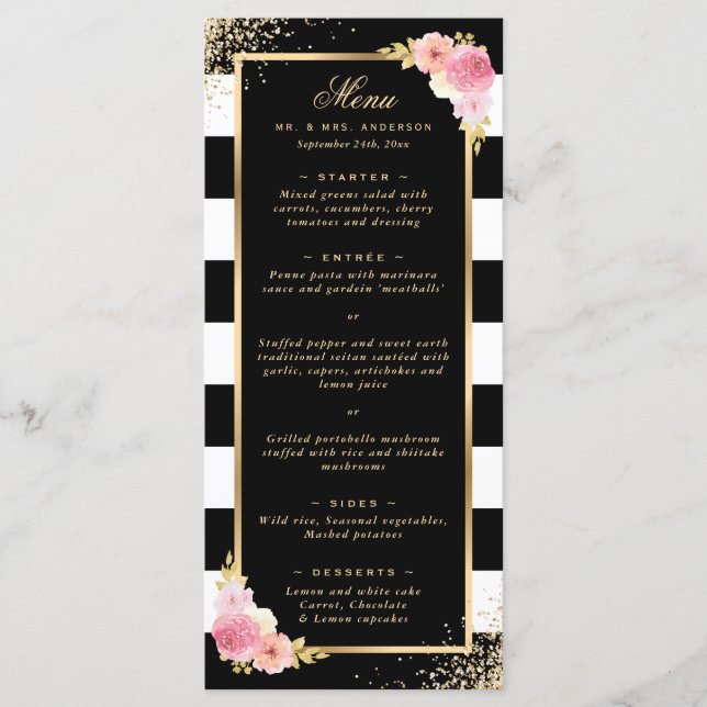 Menu Casamento Dourado Elegante, Rosa, Confetti (Frente)
