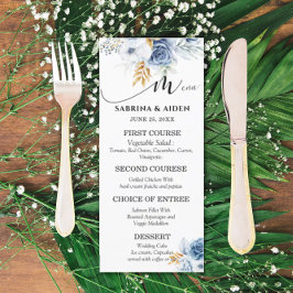 Menu Casamento Dourado Floral Branco Dusty Blue