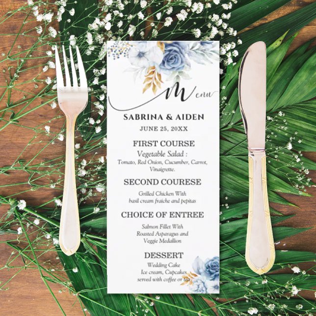 Menu Casamento Dourado Floral Branco Dusty Blue (Criador carregado)