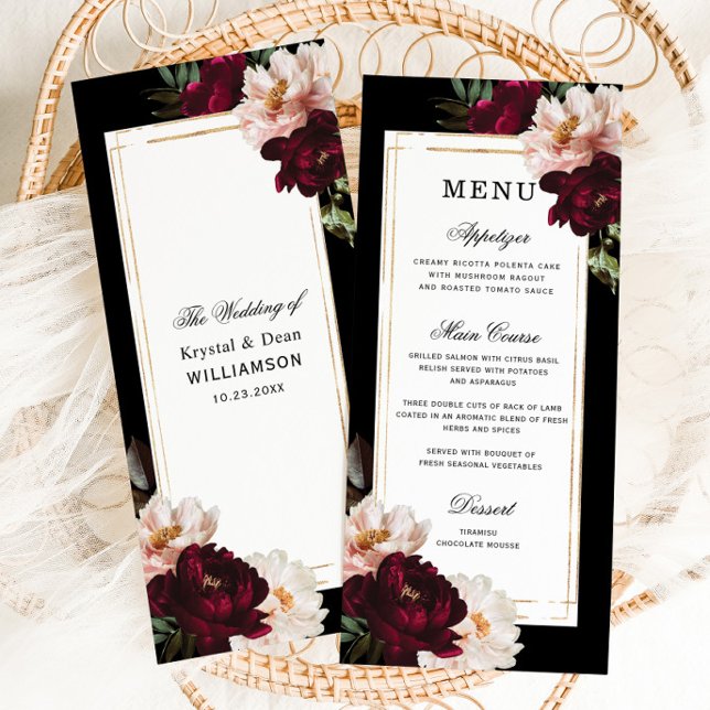 Menu Casamento Dourado Floral de Blush Moody Burgundy E (Criador carregado)
