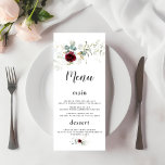 Menu Casamento Dourado Floral de Charm Airy Greenery Bu<br><div class="desc">Design elegante com flores de cor d'água,  folhas de laticínios,  eucalipto,  folhas de ouro falsas. Use a ferramenta Personalizar para adicionar suas informações. Itens correspondentes podem ser encontrados na minha coleção Burgundy Floral Airy Greenery.</div>