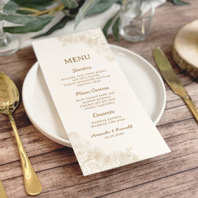 Menu Casamento Dourado Floral Elegante Branco (Criador carregado)