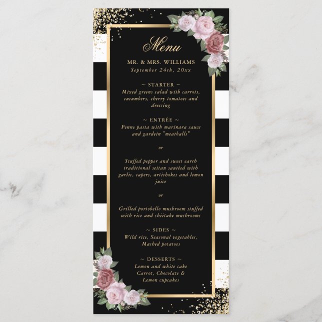 Menu Casamento Dourado Floral  Preto-Rosa Esbranquiçado (Frente)