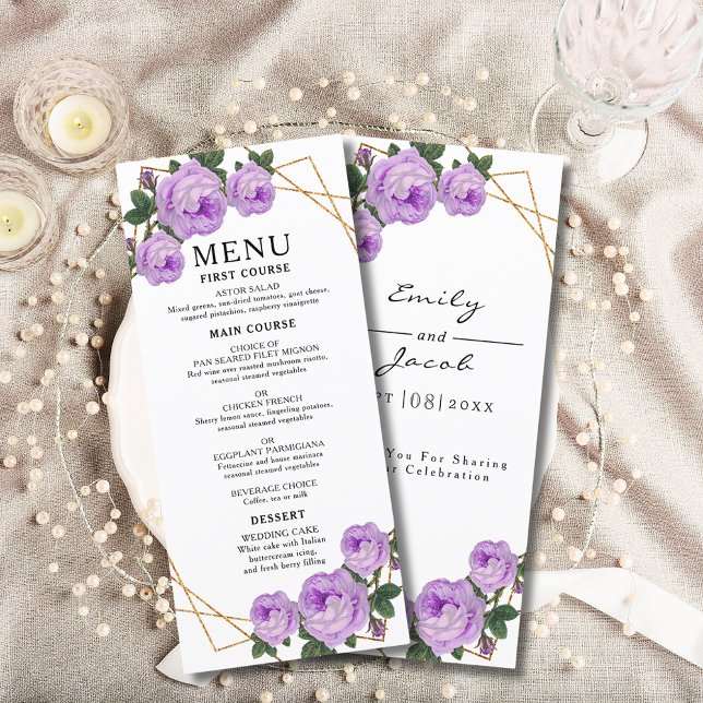 Menu Casamento Dourado Geométrico de Boho Floral Roxo E (Elegant Gold Geometric Purple Floral Boho Wedding Menu Cover)