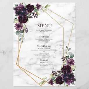Menu Casamento Dourado Geométrico de Mármore Roxo de Pl