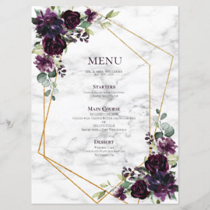 Menu Casamento Dourado Geométrico Plum Purple Marble F