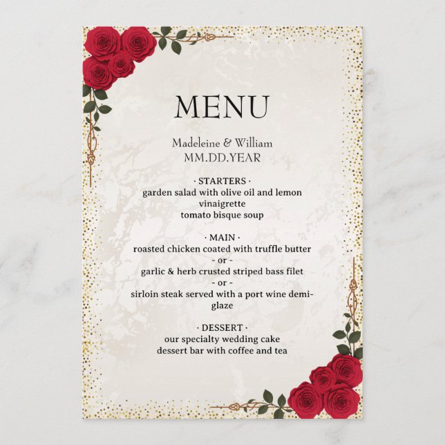 Menu Casamento Dourado romântico de Rosas vermelhas ele (Frente)