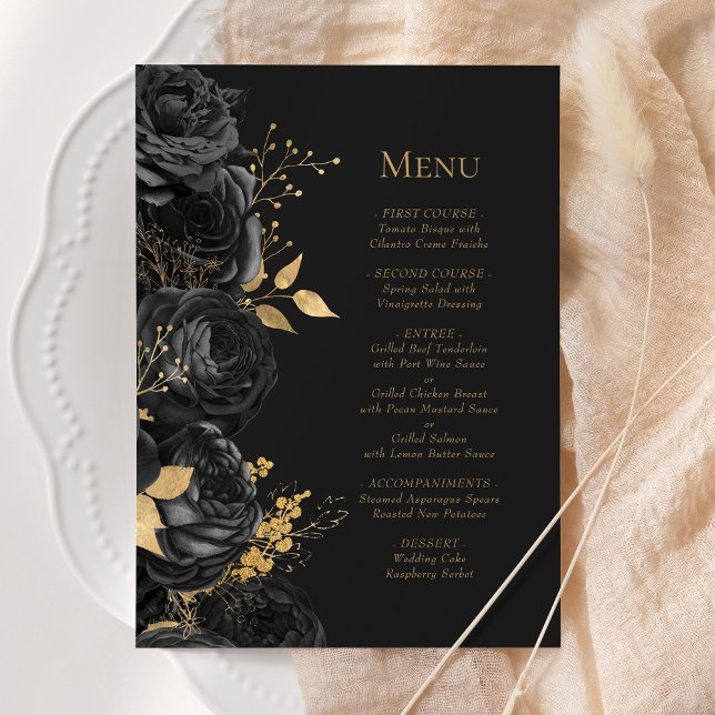 Menu Casamento Dourado Romântico Preto Escuro Floral Ro (Criador carregado)
