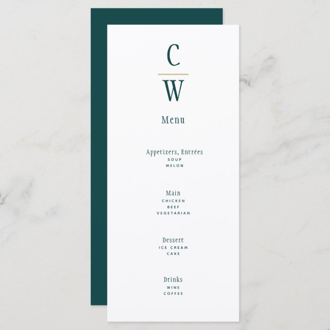 Menu Casamento Dourado Verde De Peacock Teal Monogramme (Frente/Verso)