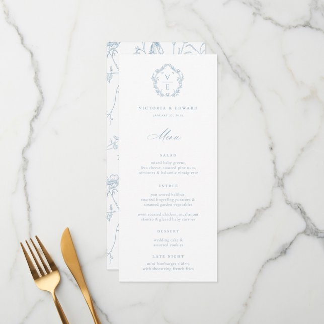 Menu Casamento Dusty Blue Crest Monograma (Frente/Verso In Situ)