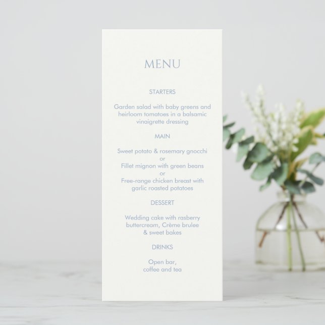 Menu Casamento Dusty Blue & Ivory Monogrammed (Em pé/Frente)