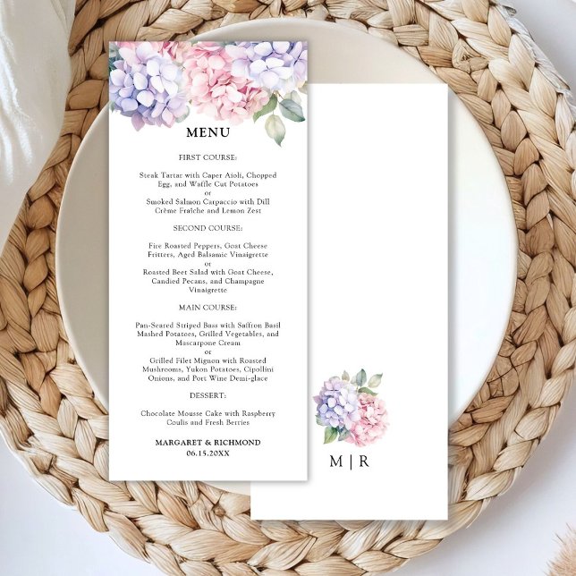 Menu Casamento Dusty Purple & Blush Pink Hydrangea (Criador carregado)