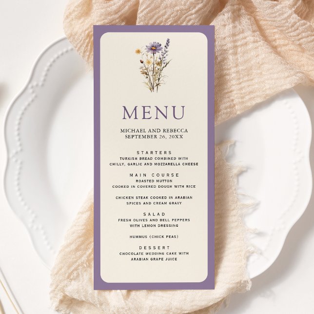 Menu Casamento Dusty Purple Boho Wildflower (Criador carregado)