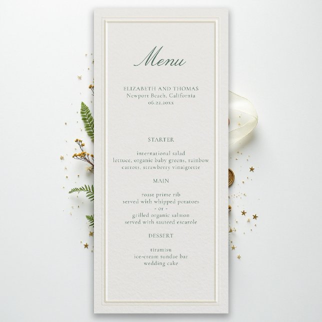 Menu Casamento Ecru de Moldura Elevada Verde Clássica F (formal wedding menu ecru green elegant modern classic traditional ballroom black tie)