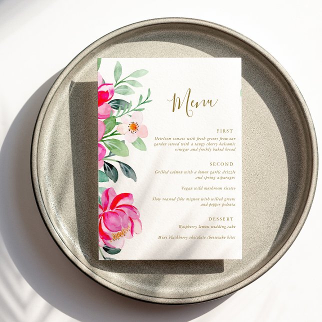 Menu Casamento Editável Floral de Cor de Água Rosa Bril (Criador carregado)
