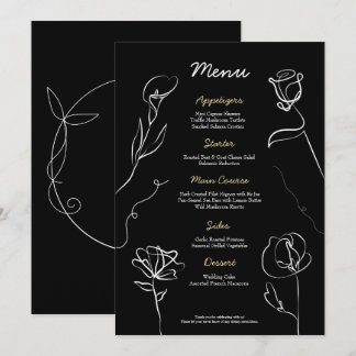 Menu Casamento Elegância Floral Mão Desenhada Preta Tem