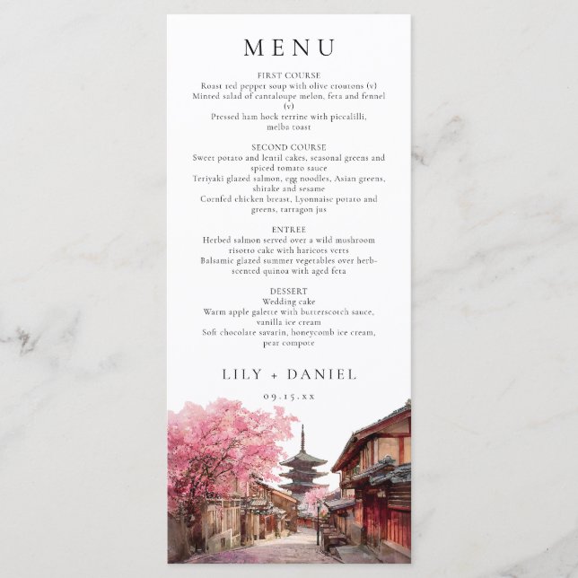 Menu Casamento Elegante Aquarela em Kyoto Japão (Frente)