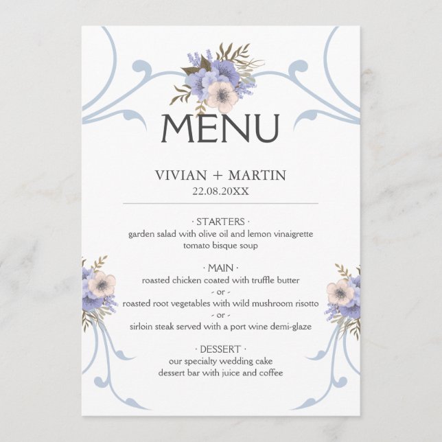 Menu Casamento elegante azul claro e roxo (Frente)