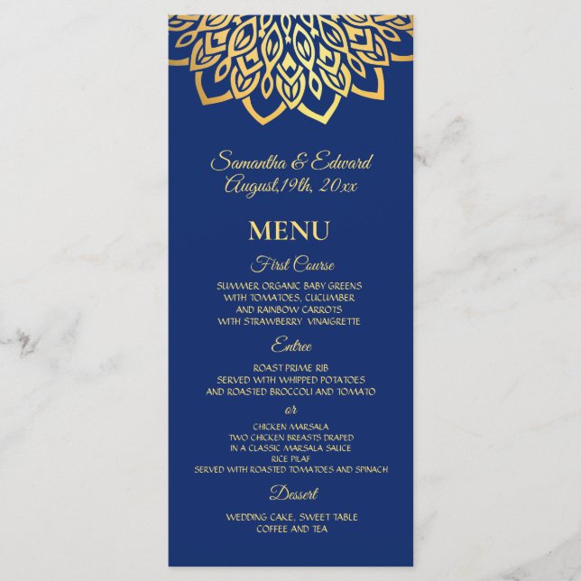 Menu Casamento Elegante Azul do Marinho Dourado (Frente)