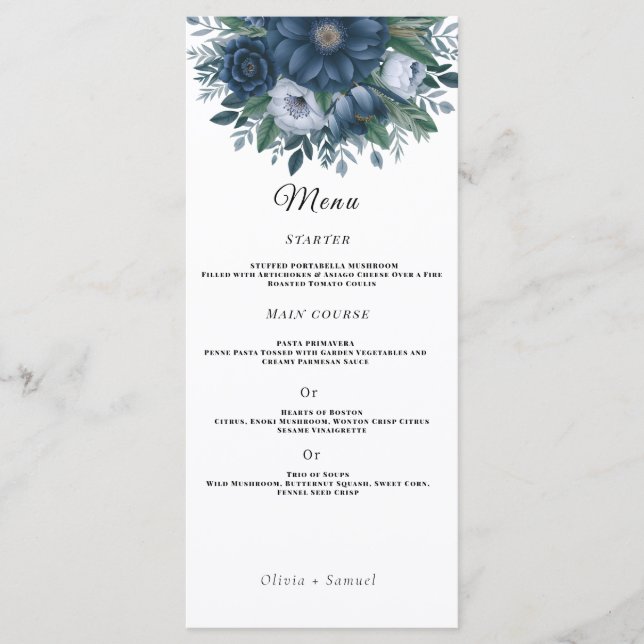 Menu Casamento elegante azul e azul-marinho (Frente)