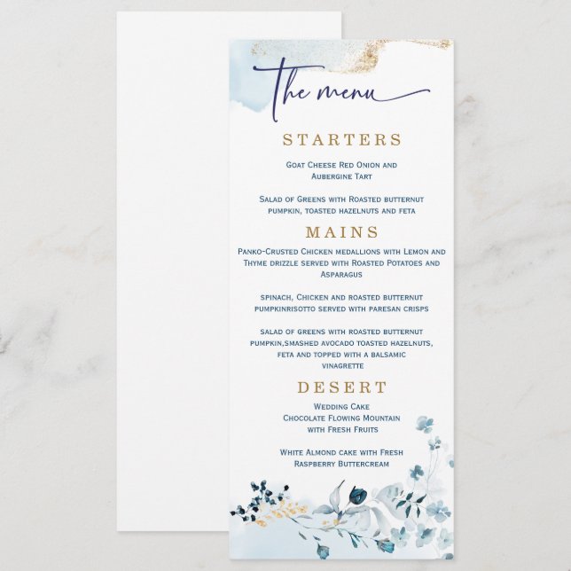Menu Casamento Elegante Azul Marinho e Dourado  (Frente/Verso)