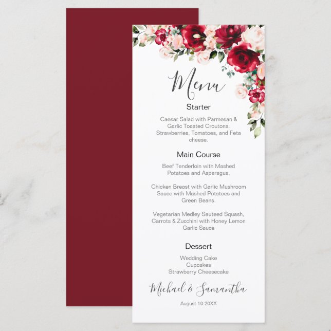 Menu Casamento Elegante Blush e Rosa vermelha (Frente/Verso)
