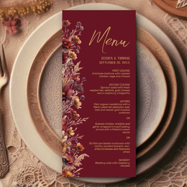 Menu Casamento Elegante Boho Chic de Flores Silvestres  (Criador carregado)