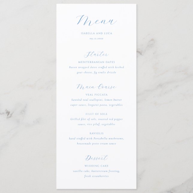 Menu Casamento Elegante Chic de Costa Azul e Branco (Frente)