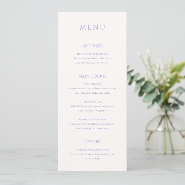 Menu Casamento Elegante Clássico de Addison Roxo (Em pé/Frente)