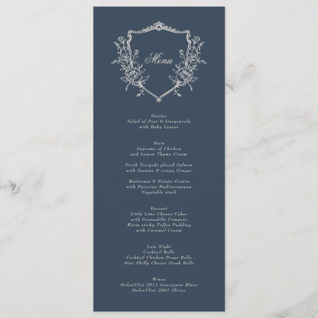 Menu Casamento Elegante Clássico de Crest Azul-marinho (Frente)